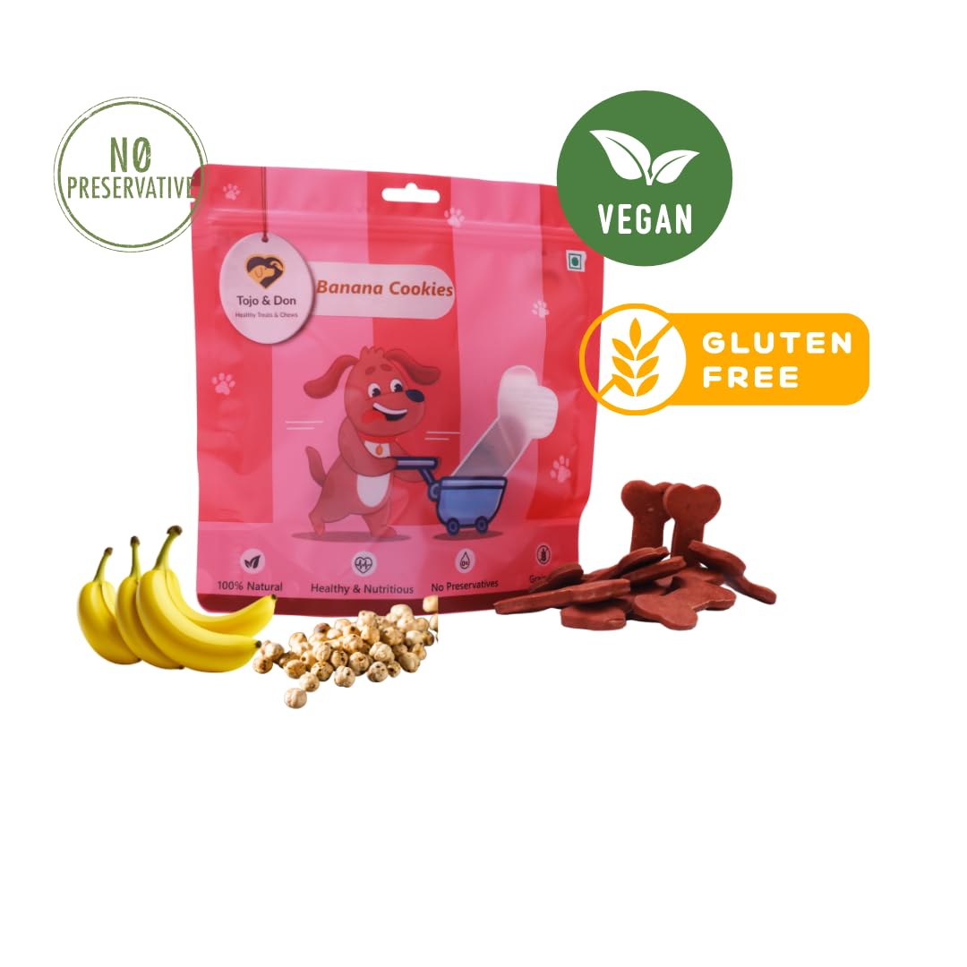 Tojo & Don Banana Cookies- for Dogs (200 GMS) No Preservatives, 100% Veg, Grain Free, Banana Cookies, Healthy Dog Treats for All Sized Dogs, Vacuum Packed, Gluten Free, High Fibre & Easy to Digest.