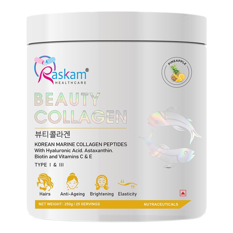 Beauty collagen powder container with Raskam Healthcare branding on a white background