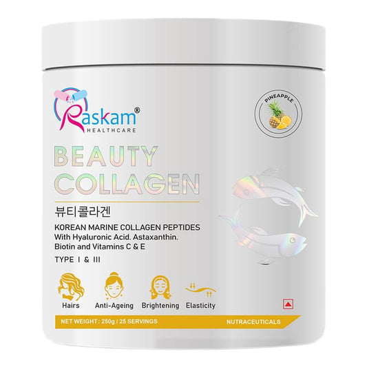 Beauty collagen powder container with Raskam Healthcare branding on a white background
