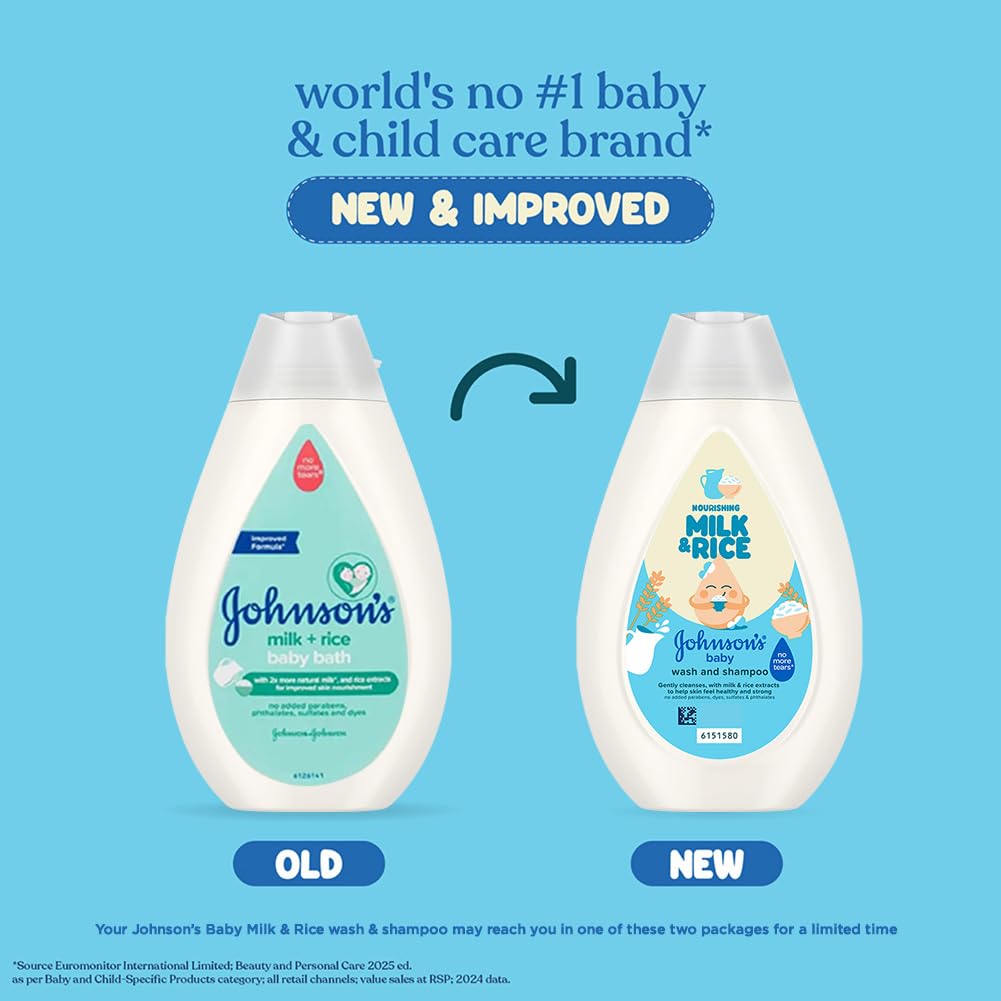 Johnson's Baby Milk & Rice Wash & Shampoo 200ml | 2-in-1 Baby Cleanser | No More Tears | With Milk Protein, Rice Extracts & Multivitamins | Hypoallergenic, pH Balanced | No Parabens, Sulphates or Dyes
