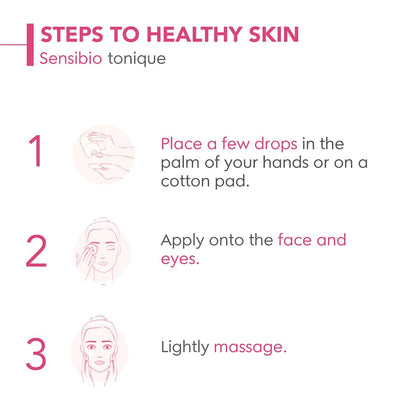 Steps to using Sensibio tonique on healthy skin with illustrations and text.