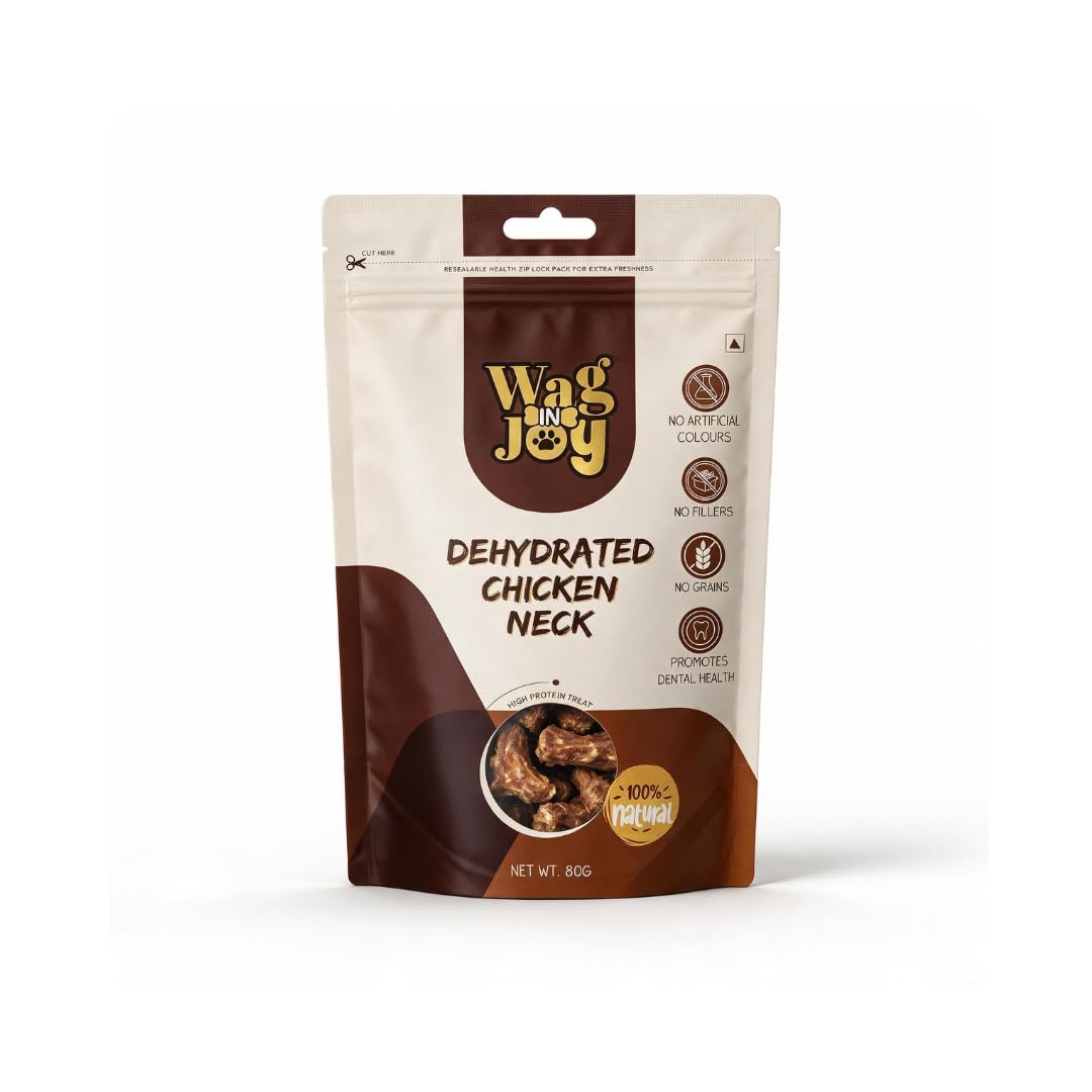 WAG IN JOY Dehydrated Chicken Neck Dog Treats | High Protein Natural Chews | Grain-Free, No Fillers | Supports Dental Health & Strong Bones | 100% Natural | 70g