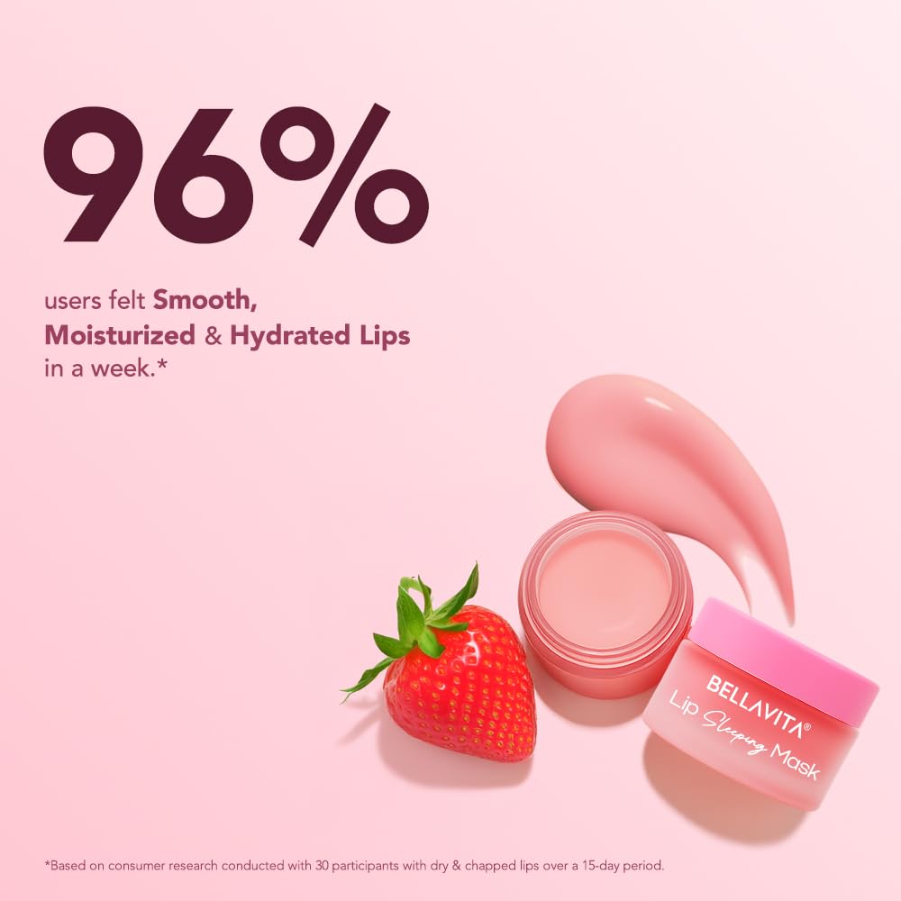 Bellavita lip balm jar with strawberry and product smear on pink background