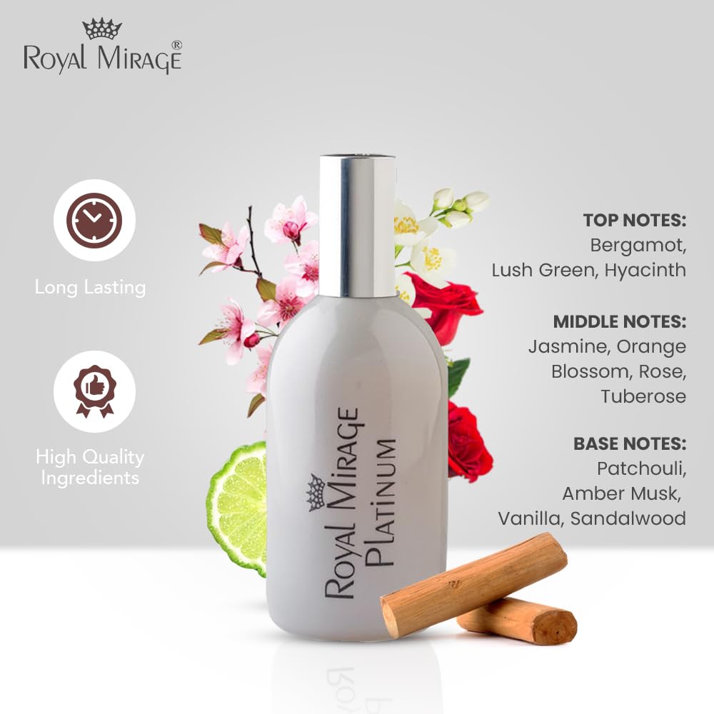 Royal Mirage Platinum Eau de Cologne | Long Lasting Perfume for Men & Women | Floral & Woody Fragrance | Bergamot, Jasmine & Sandalwood Notes | Unisex EDC | 120ml