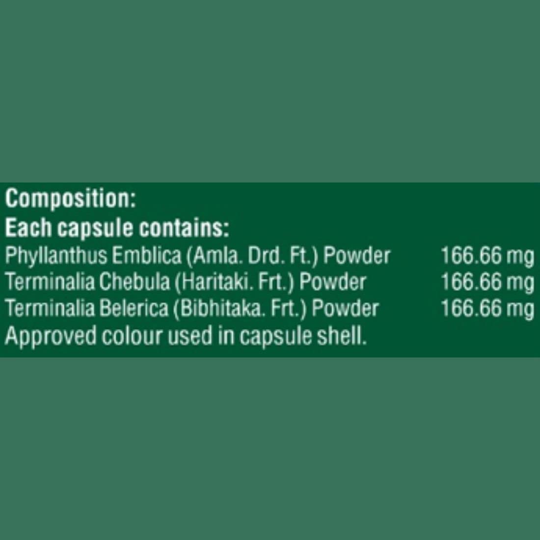 Text on a green background detailing the composition of capsules with specific powders and their quantities.