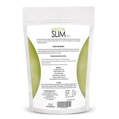 Matcha Slim Tea package with text on a white background