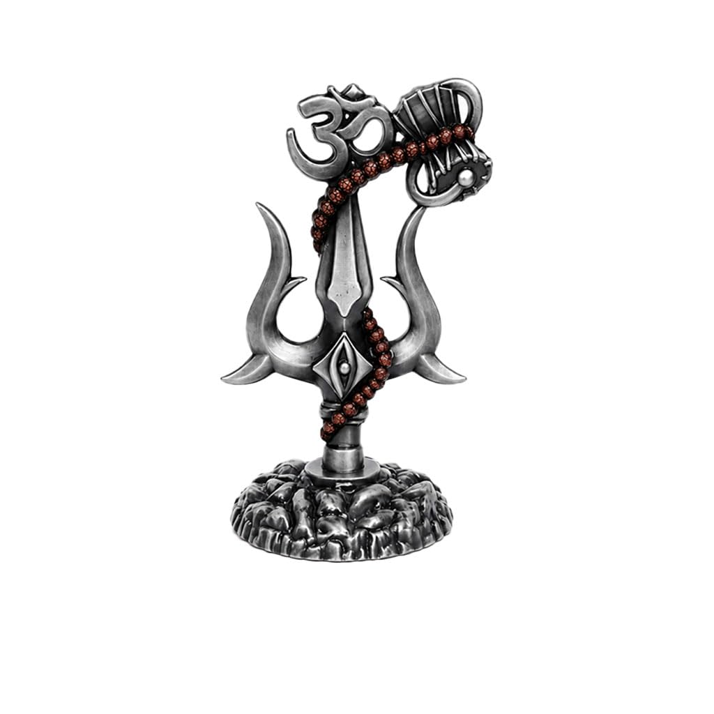 Shiv Trishul Damru & Om Idol | Metal Shiva Showpiece for Mandir & Car Dashboard Grey SIA481