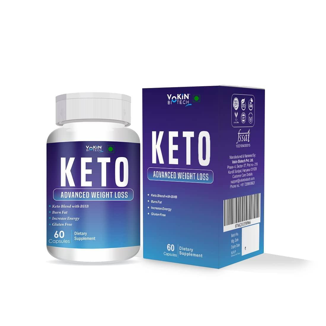 Keto supplement bottle and packaging on a white background