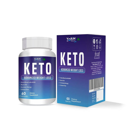 Keto supplement bottle and packaging on a white background