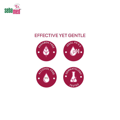 Sebamed product features on a white background