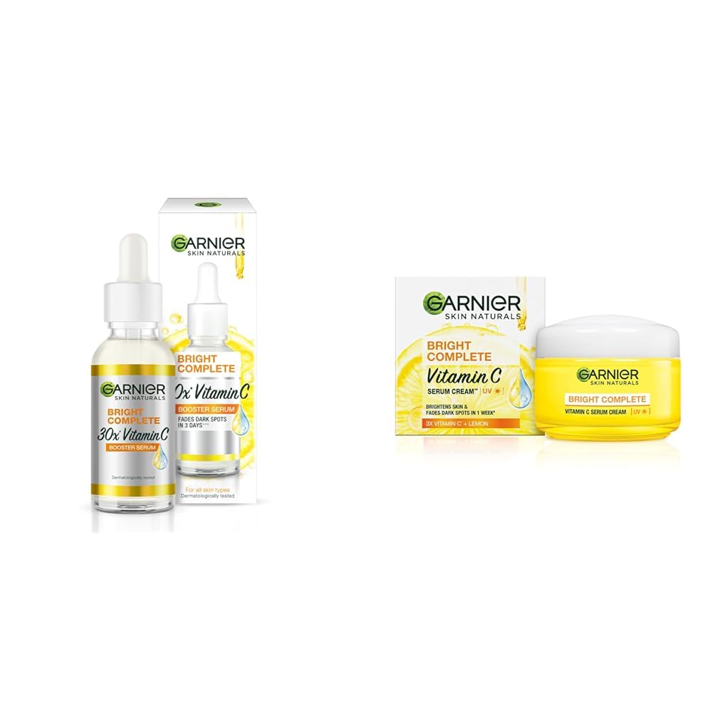 Garnier Bright Complete Vitamin C skincare products on a white background