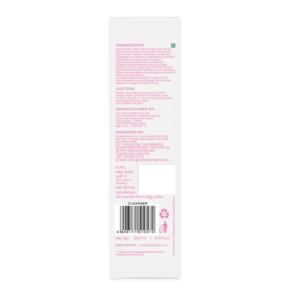 Back label of a skincare product with text and a barcode on a white background