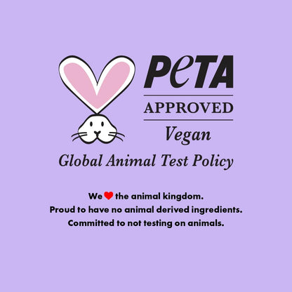 PETA approved vegan logo with text on a purple background