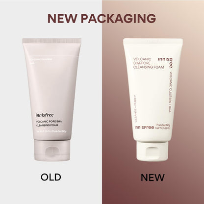 Comparison of Innisfree Volcanic Pore BHA Cleansing Foam packaging between old and new designs.