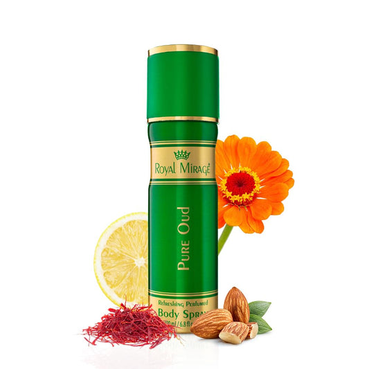 Green bottle of Royal Mirage Pure Oud body spray with a flower, lemon, and almonds on a white background