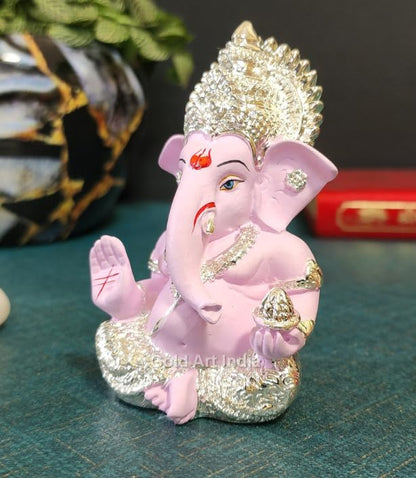 Gold Art India Gold and Silver Plated Ganesh Idol for Car Dashboard Ganesha Murti Ganpati Idol for Home Decor Puja Lord Ganesh Statue Gift for Office Desk Puja Room Figurine (Silver Pink)