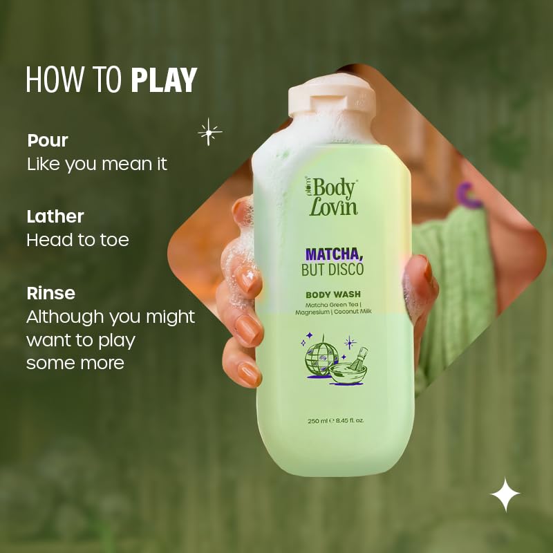 Plum BodyLovin’ Matcha, But Disco Body Wash | Calming & Smoothening Shower Gel | Match Green Tea, Magnesium & Coconut Milk | Lactonic Matcha Fragrance | 250 ml