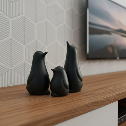 Ceramic Penguin Family Figurine - Set of 3 | Black Penguin Figurines for Home Decor | Modern Nordic Tabletop Accent for Living Room, Bedroom, Office Desk & Shelves | Gift for Housewarming