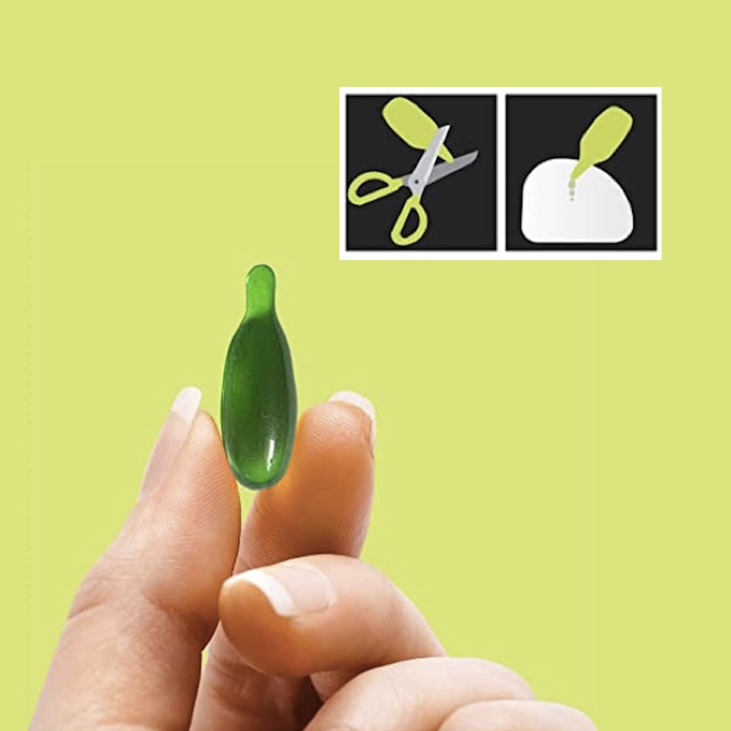Hand holding a green capsule with inset images of scissors and a white container on a light green background