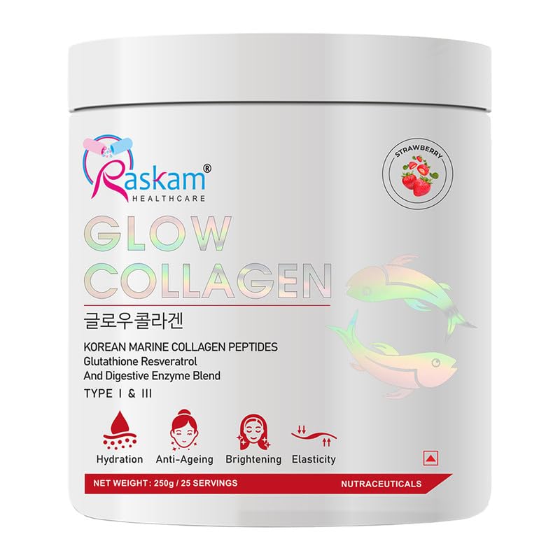 Raskam Glow Collagen supplement container on a white background