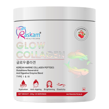 Raskam Glow Collagen supplement container on a white background