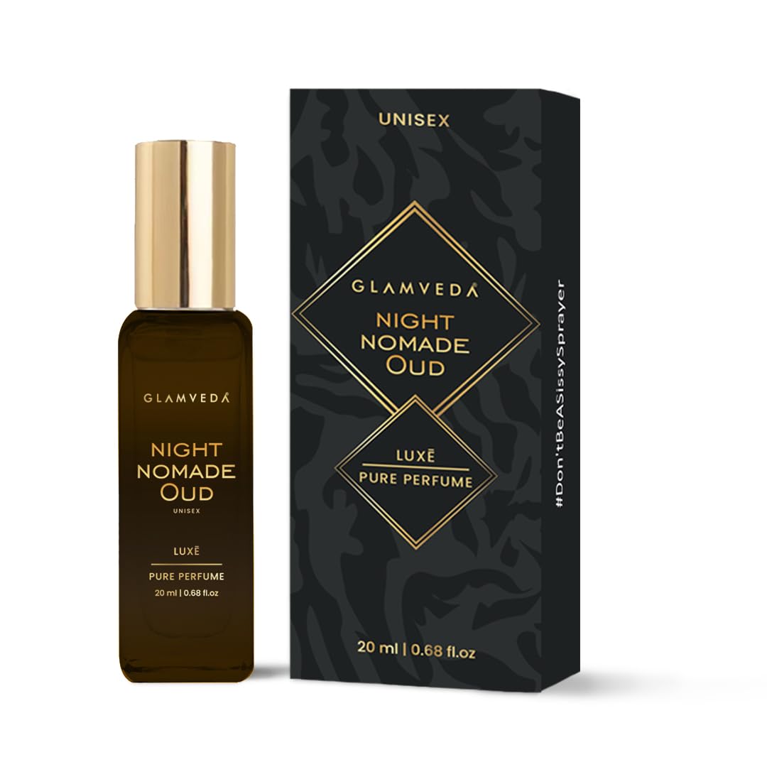 Glamveda Night Nomade Oud Luxury Pure Perfume for Unisex 20ml | Long-Lasting Fragrance | with Raspberry, Ambergris, Oud and Vanilla | Floral & Fruity Premium Perfume for Men & Women