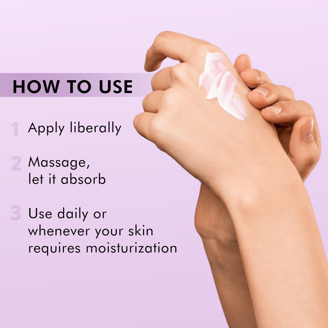 Hand applying cream with text on how to use it on a light purple background