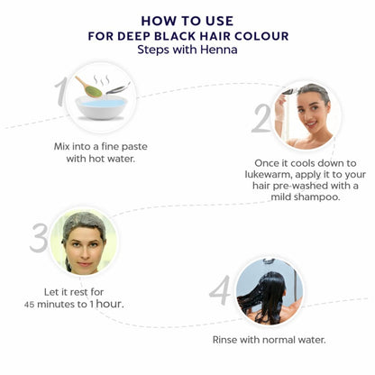Step-by-step guide on how to use henna for deep black hair color with images and text.