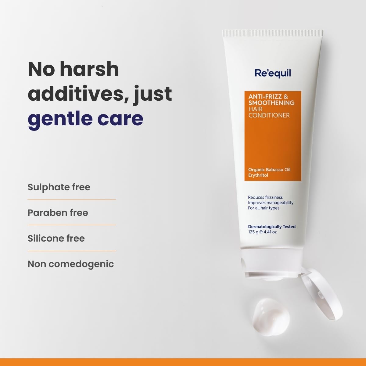 Tube of Re'equil conditioner with text highlighting benefits on a white background