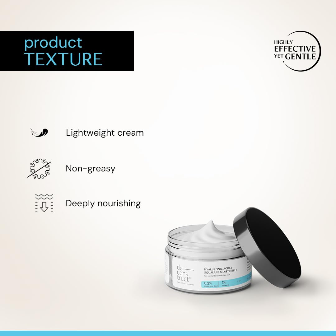 Jar of cream with text describing its texture on a light background