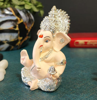 Gold Art India 999 Silver Plated Ganesh Idol for Car Dashboard God Ganesha Idol for Home Decor Ganpati for Gift Home Office Table Shelves Gifting 3.5 inches (Silver) (Silver Cherry Blossom), Idol