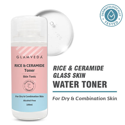 Glamveda Korean Rice & Ceramide Face Toner | Rice Water Toner For Dry & Combination Skin | Pore Tightening & Glowing Skin | Fades Blemishes, Brightens & Smoothens | Women & Men | 100ml