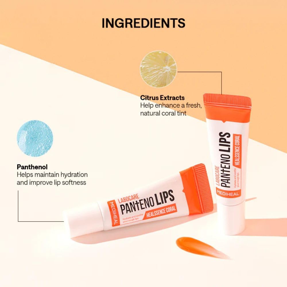 MEDIHEAL Pantenolips Healssence (10 ml, Coral) Hydrating Korean Treatment for lips with Panthenol & Shea Butter for Dry Chapped Lips, Moisturizing Nourishing lip Treatment, Glossy Lip Care