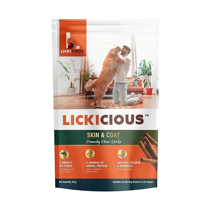 LICKICIOUS Nutritional Treats for Healthy Skin & Coat with Omega 3 6 9 (85g) | Chewy Stick with Fish, Chicken, Egg, Flaxseed | Nutritional Dog Treats with No Added Water | Suitable for All Dog Breeds