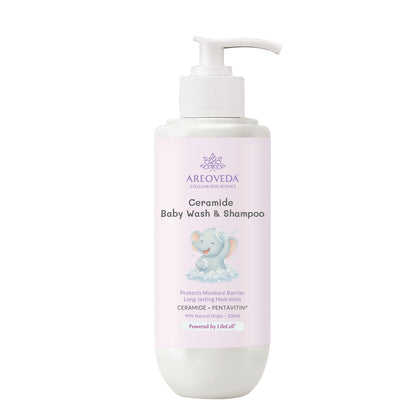 AreoVeda Ceramide Baby Wash & Shampoo (200ml) | PENTAVITIN® And Inulin Prebiotic | Ceramide Care + Long Lasting Hydration | Safe For Newborns