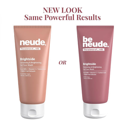 Be Neude Brightside 100ml Detan & Brightening Gel Face Wash with Goat Milk, Vitamin C & Tartaric Acid for Dark Spot Removal, Pigmentation & Glow, Face Wash for Men & Women