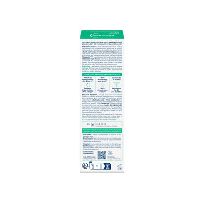 Product label with text and a QR code on a white background