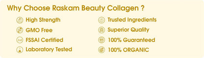 List of reasons to choose Raskam Beauty Collagen with icons and text on a white background.