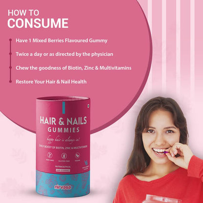 Nirvasa Hair & Nail Gummies with Biotin (60 Gummy) | Supports Healthy Hair, Strong Nails & Glowing Skin | Sugar-Free, Mixed Berry Flavor | Ideal Daily Supplement for Men & Women