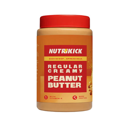 NUTRIKICK Regular Creamy Peanut Butter | High Protein Nut Spread with Vitamin E | Made with Roasted Peanuts | Healthy Breakfast Food for Gym, Kids & Weight Management