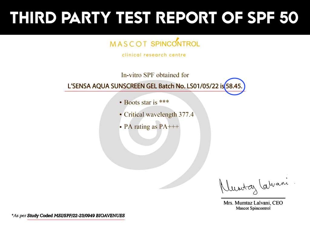 Third-party test report of SPF 50 for a sunscreen gel, with branding and certification details.