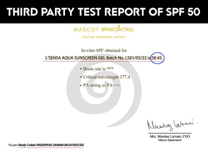 Third-party test report of SPF 50 for a sunscreen gel, with branding and certification details.