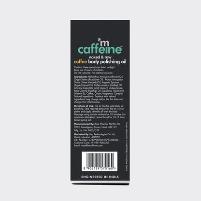 Caffeine coffee body polishing oil packaging with text and barcode on a gray background