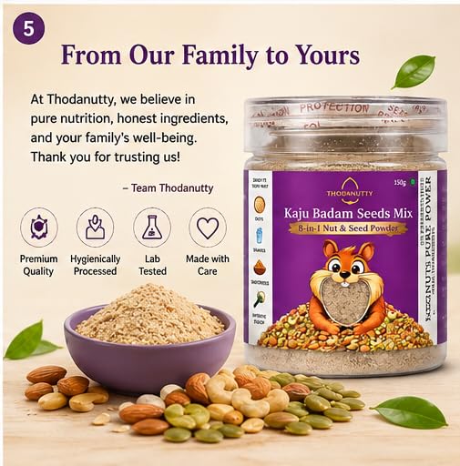 Thodanutty Kaju Badam Seeds Mix (Dry Fruits & Seeds Powder) 150g | Almonds, Cashews, Walnuts, Pumpkin & Chia Seeds | Healthy Nut Mix | 0% Preservatives | Rich in Protein & Fiber