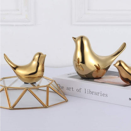 Ceramic Golden Birds Showpiece for Home Decor | Set of 3 Decorative Bird Figurines | Gold Bird Statue for Living Room, Bedroom, Office Desk, Cabinet & Shelf Decoration (Pack of 2, Golden)
