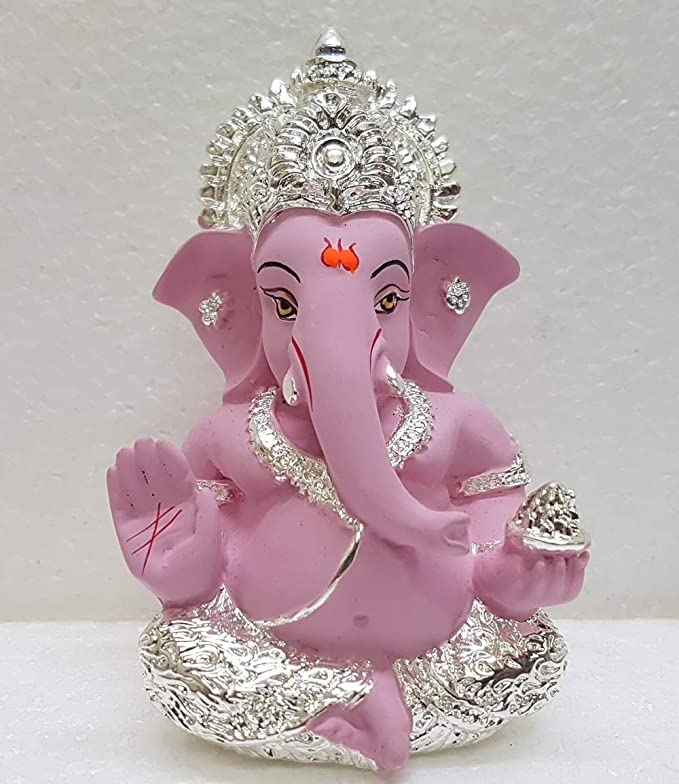 Gold Art India Gold and Silver Plated Ganesh Idol for Car Dashboard Ganesha Murti Ganpati Idol for Home Decor Puja Lord Ganesh Statue Gift for Office Desk Puja Room Figurine (Silver Pink)