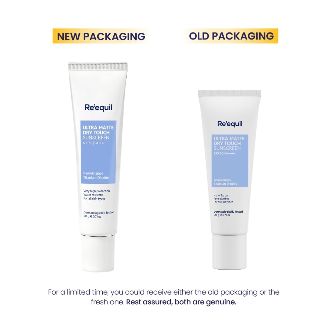 Two tubes of Re'equil sunscreen with 'New Packaging' and 'Old Packaging' labels on a white background.