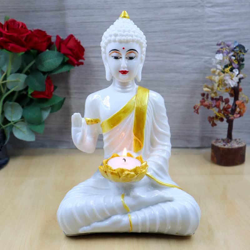 White Gold Buddha Sitting with TeaLight in Hand Polyresin Idol - Perfect for Living Room, Bedroom & Office Space Home Decor Wall Decoration Ideal Gifting (White Light Buddha)