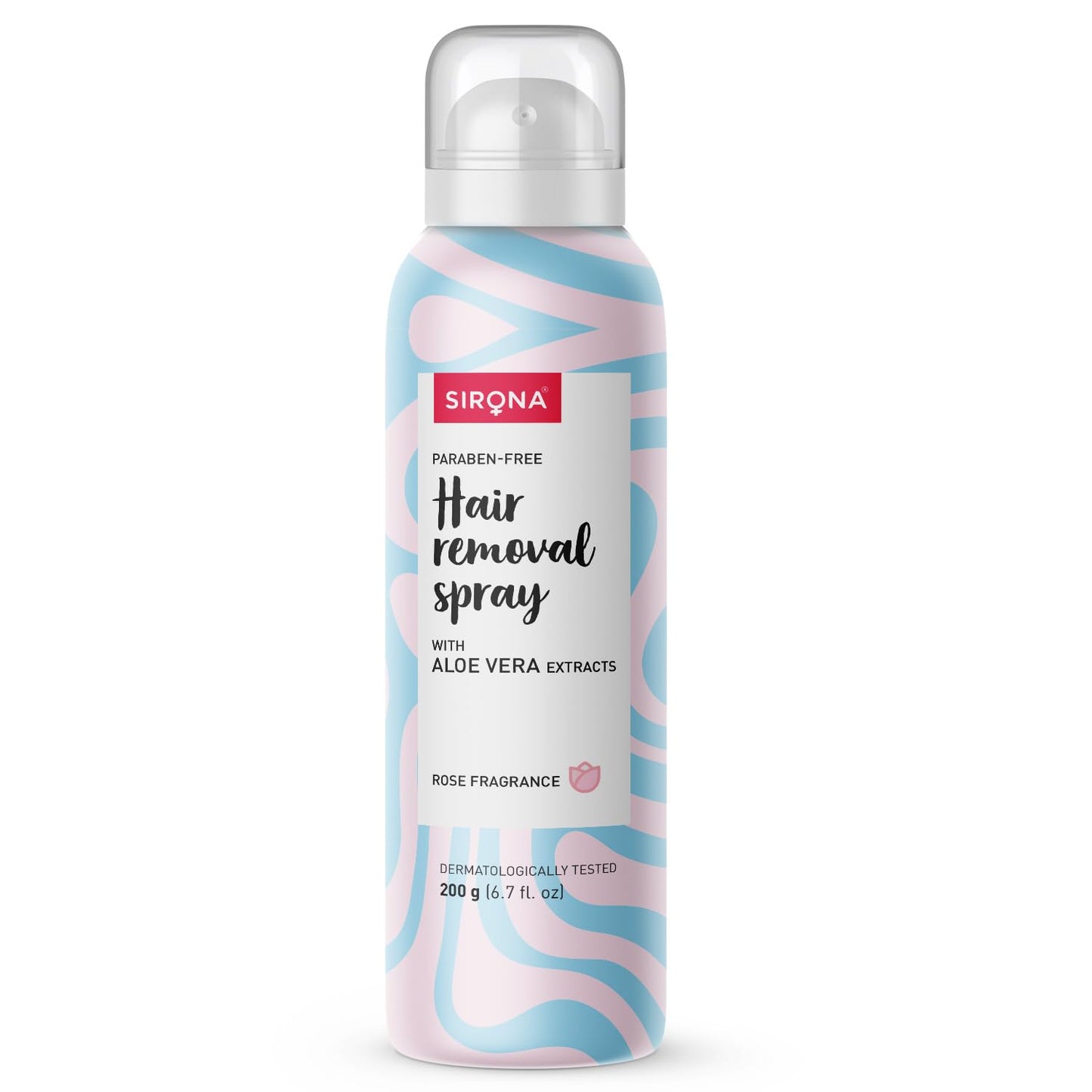 Sirona hair removal spray bottle with pink and blue design on a white background