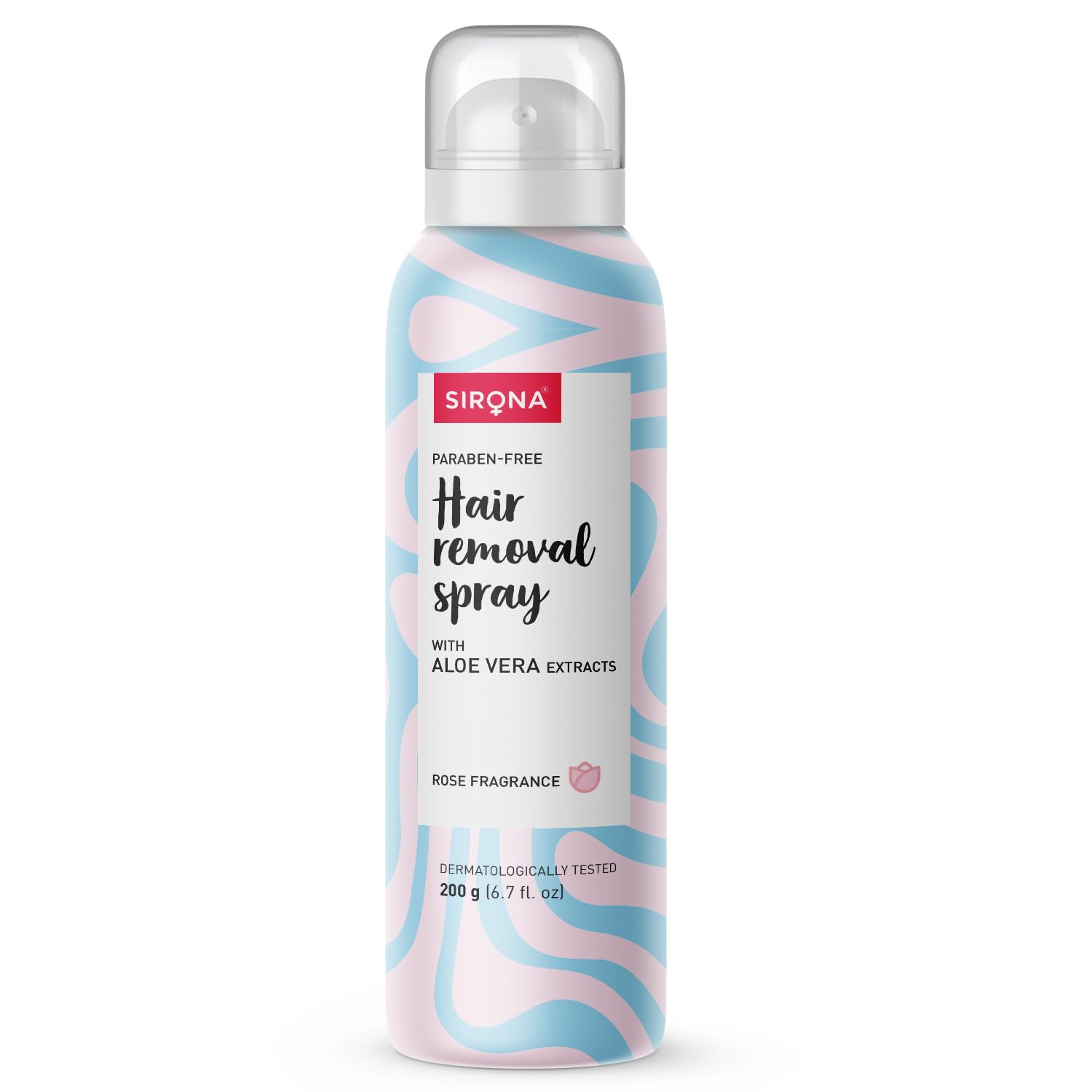 Sirona hair removal spray bottle with pink and blue design on a white background